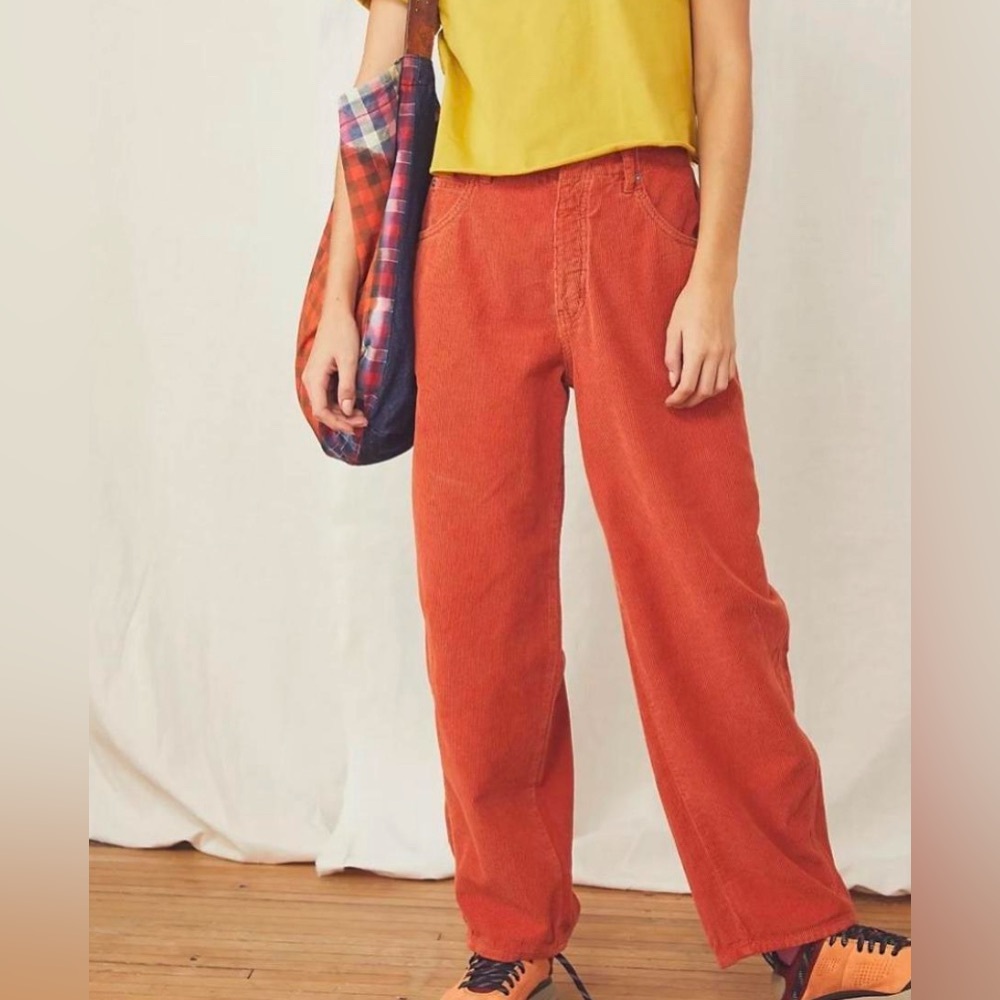WE THE FREE corduroy Wide Leg Pants Women's 28 Orange 28" In Buttons Fly Bottom✅
